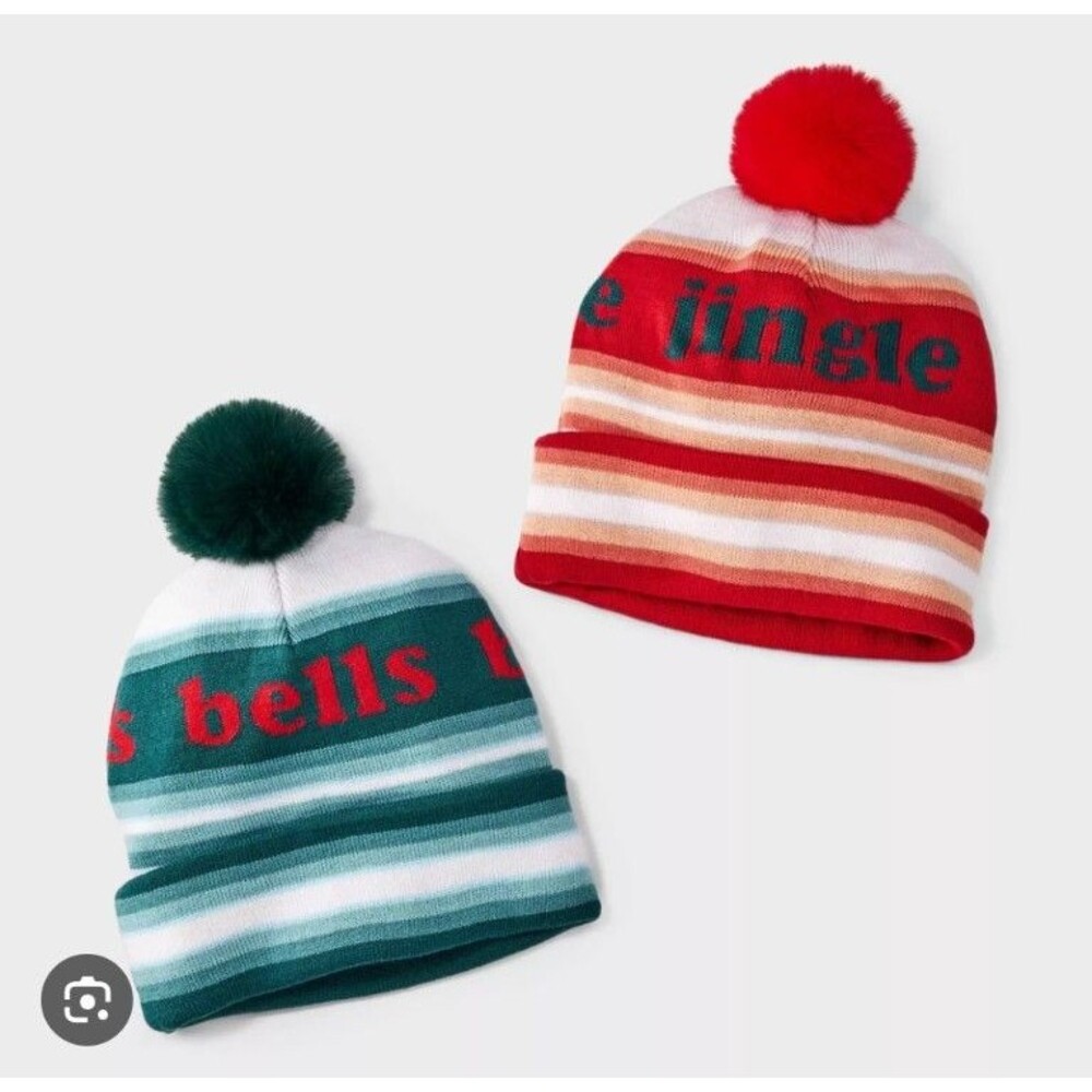 GREEN JINGLE / RED BELLS Women’s Winter Hats 2-Pack Mighty Fine Acrylic Pom-Pom